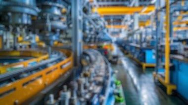 Endüstriyel fabrikadaki üretim hattında çalışan bulanık arka plan, bulanık arka plan. Otomatik makine konveksiyon bantlı ürün ve paketleri denetliyor ve kontrol ediyor. Aktar.