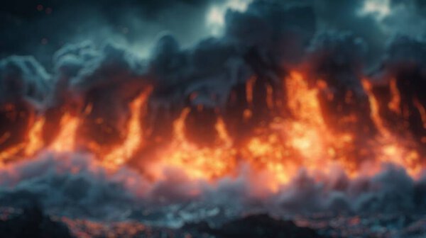 Размытый фон вулканического ландшафта с потоками лавы и бурными облаками. Цифровой художественный образ. Фантазия и концепция катастрофы. Дизайн обложек книг, игровые подсказки, экологическая осведомленность. Спейт.