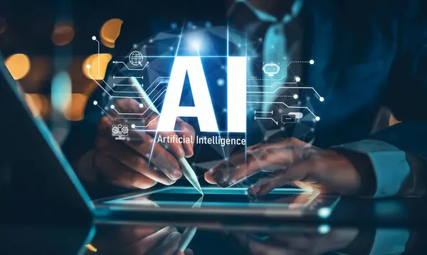 stock image Human interact with AI artificial intelligence brain processor in concept of AI artificial intelligence engineering, big data and AI machine learning to use generative AI for business support. EIDE