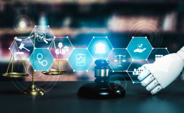 Yapay zeka yasası ve hukuki hukuk düzenlemeleri teknolojisini tasvir eden hukuki bilgilerle avukatlık bürosunda avukatlık araçları kullanan yapay zeka ile ilgili AI robot el tarafından gösterilen etik hukuk kavramı