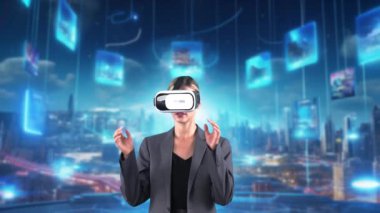 VR 'ı açmaya başlayan kadın büyük finansal iş grafiği büyük verileri analiz etti, arayüzü yükledi dijital bilgi ağı teknolojisi animasyonu ön görüntüde meta programında. Kısıtlanma.