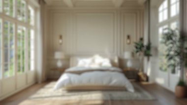 Zarif yatak odasının arka planı bulanık ve doğal ışık. Mobilyalı modern yatak odası tasarımı. Lüks ev iç tasarımı. Poster, duvar kağıdı, afiş, başlık için tasarım. Aktar.