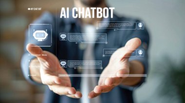 Yapay zeka sanal asistanı Chatbot ile yapay zeka konsepti ile insan etkileşimi, yapay zeka mühendisliği, LLM yapay zeka derin öğrenimi iş desteği için üretken yapay zeka kullanımı. FaaS