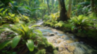 Derenin bulanık arkaplanı verimli tropikal bir ormanda yavaşça akıyor. Doğa fotoğrafçılığı. Huzur ve çevre koruma kavramı. Duvar kâğıdı için tasarım, eğitici malzeme. Aktar.