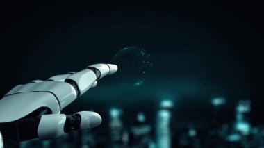 MLP Fütürist Robot Yapay Zeka, yapay zeka, yapay zeka, teknoloji geliştirme ve makine öğrenme kavramlarını aydınlatıyor. İnsan hayatının geleceği için küresel robot biyonik bilim araştırması. 3B görüntüleme grafiği.