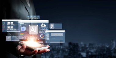 Yapay zeka mühendisliği, büyük veri ve yapay zeka makinesi kavramında yapay zeka beyin işlemcisiyle iş desteği için üretken yapay zeka kullanmayı öğrenen insan etkileşimi. EIDE