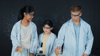 Zeki kız deney yapmak için heyecanlanan çeşitli öğrenciler iken beher kabına renkli solüsyon döker. Profesyonel bilim adamı kimyasal teoriyle kara tahtada deney yapmaya hazırlanıyor. Öğretim.