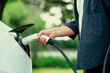 Yolculuk sırasında doğal orman ya da milli parktaki elektrikli araba için şarj olan bir adam. Tatil ve tatil boyunca çevre dostu seyahat. Yükselt