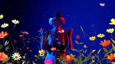 Sanal neon çiçekleriyle etkileşime giren güzel Asyalı kadın mavi arka planda kelebek yeni neon çiçeklerini üflemek için çalıyor. 3D polen grafik yüzen meta bahçe dünyası. Halüsinasyon.