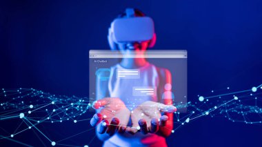 Yapay zeka sanal asistanı Chatbot ile yapay zeka konsepti ile insan etkileşimi, yapay zeka mühendisliği, LLM yapay zeka derin öğrenimi iş desteği için üretken yapay zeka kullanımı. FaaS