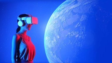 VR gözlüklü kadın dönen dünya yüzeyine bakıyor gelecekteki küresel yenilik arayüzünde dijital 3D bilgi ağı teknolojisi görsel hologram animasyonunda metaevrene dönüyor. Halüsinasyon.