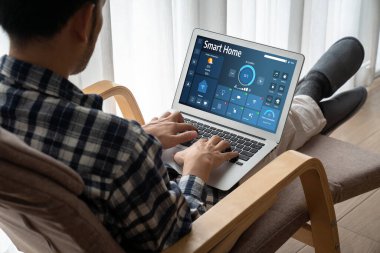 Smart home technology, centric remote control system with digital dashboard for air conditioning, safety security network or house automation. App software, ui panel programming IOT monitor snugly