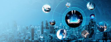 İletişim teknolojisi, akıllı bağlantı IOT ve insan ağ teknolojisi kavramı. Güvenli internet ağına ve bulut hesaplama sunucusuna bağlanmak için bağlantı aygıtı kullanan insanlar vexel