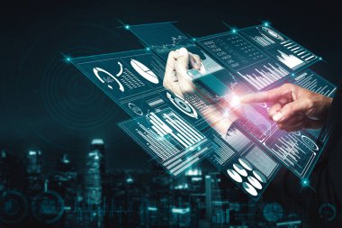 İş Mali Analitik Konsepti için Büyük Veri Teknolojisi. Modern arayüz ekranda iş satış raporları, kâr tablosu ve borsa eğilimleri analizleri hakkında muazzam bilgiler gösteriyor. uds