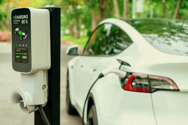 EV elektrikli araç EV şarj istasyonu ulusal park veya açık hava orman manzaralı. Çevre dostu EV arabalarla yaz ormanlarında doğal koruma. Yükselt