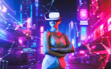 Sanal gerçeklikteki kadın siber punk tarzı bina, VR kulaklık, metaverse, gelecekteki siber uzay topluluğu teknolojisi, vücudu sol çapraz kola ve kendine güvenen pozlara dönüştürüyor. Halüsinasyon.