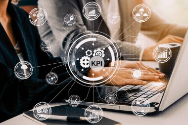 KPI İş Konsepti Performans Göstergesi - KPI yönetimi için iş hedefi değerlendirme sembolleri ve analitik numaralar gösteren modern grafik arayüzü. uds