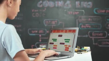 Mühendislik koduyla ya da daktilo yazısıyla tahtaya otururken el sallayan liseli kız. Genç akademisyen selamlaması ve kameraya bakması. Yaratıcı eğitim konsepti. Öğretim