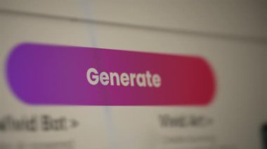 Kullanıcı, internet üzerinden yapay zeka platformunda veri üretmek ya da komut ile ilgili bilgi oluşturmak için üretken düğmeye tıklıyor. Uygun konsept için çevrimiçi teknoloji. Webography.