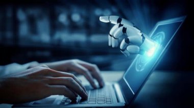 MLP Fütürist Robot Yapay Zeka, yapay zeka, yapay zeka, teknoloji geliştirme ve makine öğrenme kavramlarını aydınlatıyor. İnsan hayatının geleceği için küresel robot biyonik bilim araştırması. 3B görüntüleme grafiği.