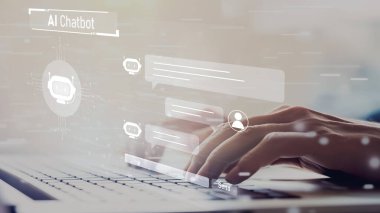 Yapay zeka sanal asistanı Chatbot ile yapay zeka konsepti ile insan etkileşimi, yapay zeka mühendisliği, LLM yapay zeka derin öğrenimi iş desteği için üretken yapay zeka kullanımı. EIDE