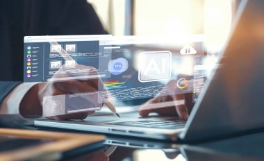 Yapay zeka mühendisliği, büyük veri ve yapay zeka makinesi kavramında yapay zeka beyin işlemcisiyle iş desteği için üretken yapay zeka kullanmayı öğrenen insan etkileşimi. EIDE