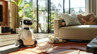 Evin zeminini temizlemek ve temizlemek için bina içinde elektrikli süpürge olarak çalışan robotun resmi, temizlik için bilgi ve detaylı bilgi gerektiriyor. AIG43.