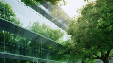 Cam ya da ayna yapısı, ağaç gibi zıt yöndeki her şeyi yansıtıyor. Bina bir sürü yeşil ağaçla çevrili. Ayna, güneşten gelen ışığı yansıtıyor. AIG43.