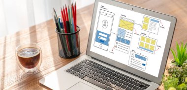 Model mobil uygulama ve web sitesi için UX UI tasarım süreci. Profesyonel uygulama geliştiricisi için kablo grafiğinin yaratıcı prototipi .