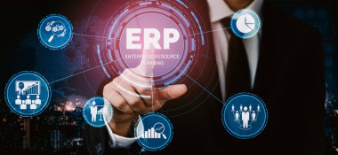 Ticari kaynaklar için Enterprise Resource Management ERP yazılım sistemi modern grafik arayüzünde sunulmuştur. Şirket kaynaklarını yönetmek için geleceğin teknolojisini göstermektedir. uds