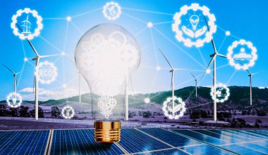 Gelecekteki güç üretimi ikon grafik arayüzü endüstrisine sahip yeşil enerji yenilik ampulü. Alternatif enerji ile sürdürülebilirlik gelişimi kavramı. uds