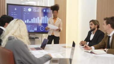 Ofisteki sunum ya da analist ekibiyle süs toplantı odasında mali verileri analiz etmek için BI Fintech 'i kullanın. İş adamları stratejik planlama için TV ekranında BI gösterge panelini analiz ediyor