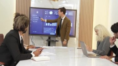 Ofisteki sunum ya da analist ekibiyle süs toplantı odasında mali verileri analiz etmek için BI Fintech 'i kullanın. İş adamları stratejik planlama için TV ekranında BI gösterge panelini analiz ediyor
