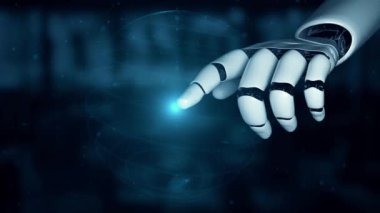 MLP Fütürist Robot Yapay Zeka, yapay zeka, yapay zeka, teknoloji geliştirme ve makine öğrenme kavramlarını aydınlatıyor. İnsan hayatının geleceği için küresel robot biyonik bilim araştırması. 3B görüntüleme grafiği.