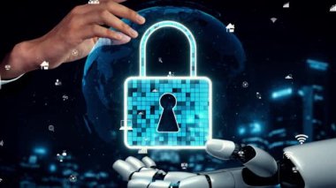 MLP Fütürist Robot Yapay Zeka, yapay zeka, yapay zeka, teknoloji geliştirme ve makine öğrenme kavramlarını aydınlatıyor. İnsan hayatının geleceği için küresel robot biyonik bilim araştırması. 3B görüntüleme grafiği.