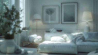 Modern mobilyaları olan zarif ve sofistike bir sergi salonunun bulanık arka planı. İç tasarım fotoğrafçılığı. Lüks ev konsepti. Mobilya kataloğu, emlak pazarlaması için tasarım. Aktar.