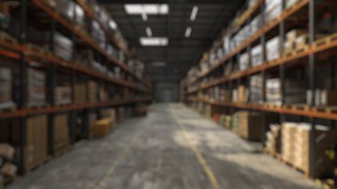 Geniş, modern bir deponun arka planı ve raflara saçılmış mallar. Endüstriyel ölçekte iç fotoğrafçılık. Lojistik ve dağıtım konsepti. Pankart için tasarım. Aktar.