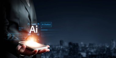 Yapay zeka sanal asistanı Chatbot ile yapay zeka konsepti ile insan etkileşimi, yapay zeka mühendisliği, LLM yapay zeka derin öğrenimi iş desteği için üretken yapay zeka kullanımı. FaaS