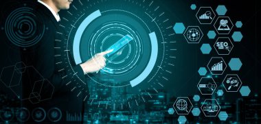 SEO - Çevrimiçi Pazarlama Konsepti için Arama Motoru Optimizasyonu. Müşteri arama ve pazar stratejisini optimize ederek anahtar kelime araştırma web sitesinin tanıtımını gösteren modern arayüz. uds