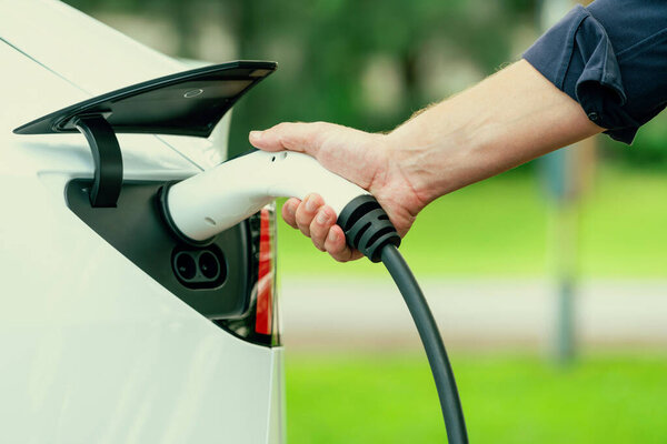 Человек подзарядки аккумулятора для электромобиля во время дорожного путешествия путешествия EV автомобиль в природном лесу или национальном парке. Экологичные путешествия во время отпуска и отпуска. Экзальт