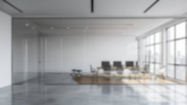Modern ofisin bulanık arka planı ya da boş toplantı odası. Şık bir konferans salonunun iç tasarımı. Pencere süslemeli fabrikadan güneş ışığı ile buluşmaya hazırlanıyor. Eko şirket konsepti. Aktar.
