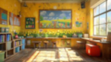 Renkli çocuk sınıfının parlak duvar resimli ve renkli posterlerle süslenmiş bulanık arkaplanı. Eğitimsel alanlar için iç tasarım modeli. Eğitici çevre konsepti. Aktar.
