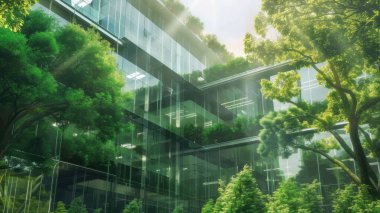 Cam ya da ayna yapısı, ağaç gibi zıt yöndeki her şeyi yansıtıyor. Bina bir sürü yeşil ağaçla çevrili. Ayna, güneşten gelen ışığı yansıtıyor. AIG43.