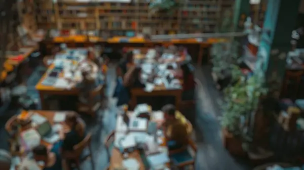 stock image Blur background of wood-paneled library with students engaged in study, large windows showing autumn trees. Academic research and learning environment concept. Design for educational program. Spate.