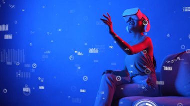 VR kullanan, analiz edilmiş, finansal veri grafiği dinamik rapor yeniliği seçen bir kanepe kadını oturtmak, küresel arayüzü dijital bilgi ağı teknolojisi görüntüsü yüklemek. Halüsinasyon.