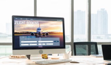 Online uçuş rezervasyon sitesi mod rezervasyon sistemi sağlar. Seyahat teknolojisi kavramı .
