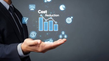 Maliyet azaltma, dijital grafik EIDE örtüşmeleri ile gösterilen maliyet tasarrufu kavramı, kurumsal işletmeler gereksiz harcamaların azaltılması yoluyla maliyet ve şirket kaynaklarını etkili bir şekilde tasarruf eder
