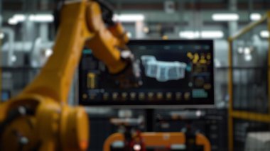 Teknoloji kullanarak çalışan akıllı makine kolunun bulanık arkaplanı. Robot makineler modern fabrikada yazılım programı kullanarak ürün tasarlıyor ve tasarlıyorlar. Lojistik operasyon konsepti. Aktar.