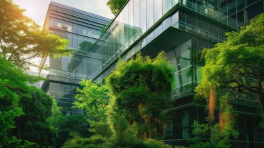 Cam ya da ayna yapısı, ağaç gibi zıt yöndeki her şeyi yansıtıyor. Bina bir sürü yeşil ağaçla çevrili. Ayna, güneşten gelen ışığı yansıtıyor. AIG43.