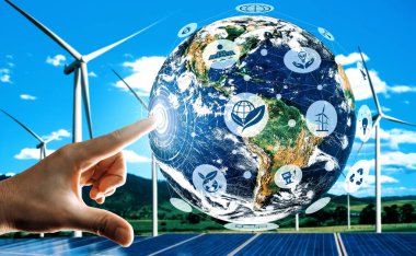 Alternatif enerji ile sürdürülebilirlik gelişimi kavramı. Çevre dostu rüzgar türbini çiftliği ve arka planda yeşil yenilenebilir enerji olan gezegenle insan eli ilgilenir. uds